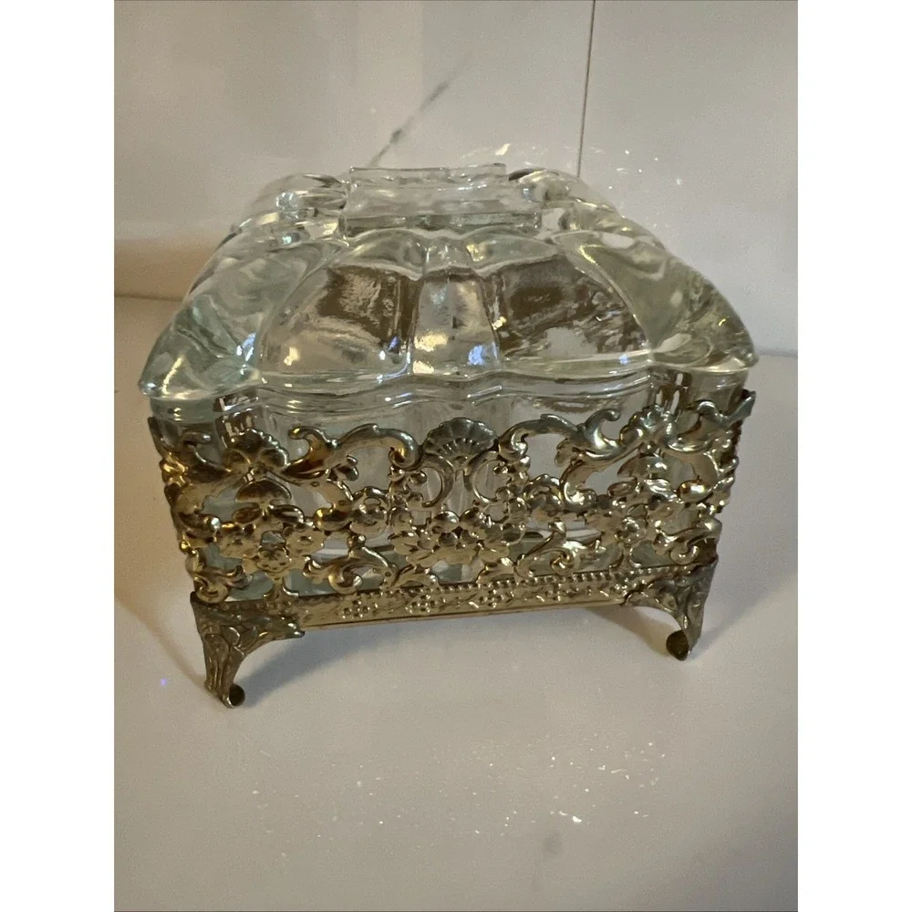Victorian Style Brass Vanity Trinket Pressed Glass Footed Jewelry Lidded Box